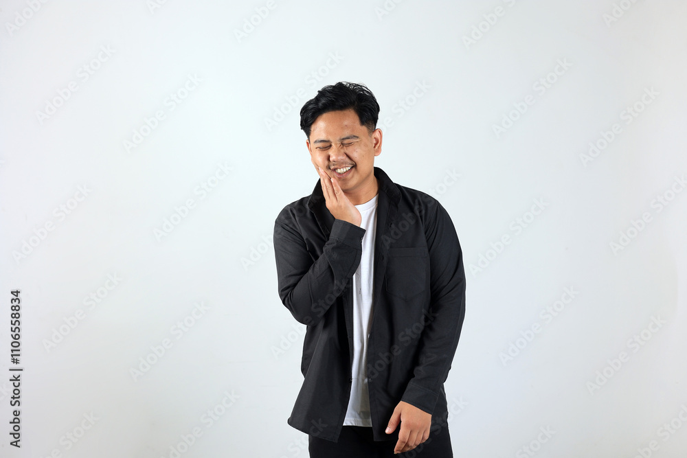 Young Asian Man Standing Over White Background Touching Mouth with His Hand Young Asian Man Standing Over White Background Touching Mouth with His Hand