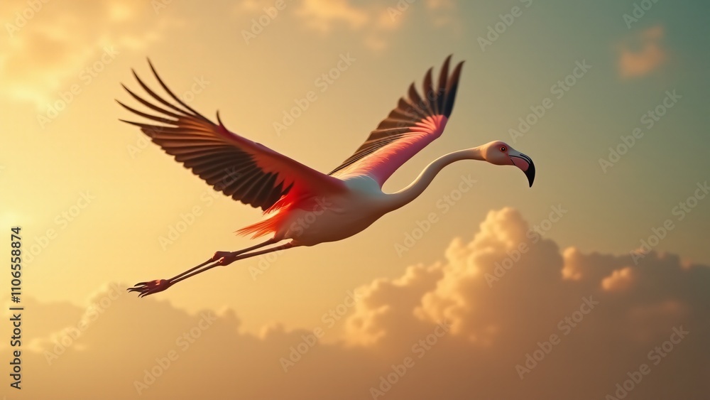 Naklejka premium A dramatic image of a flamingo soaring through the sky, with its wings spread wide, emphasizing its graceful flight and natural beauty.