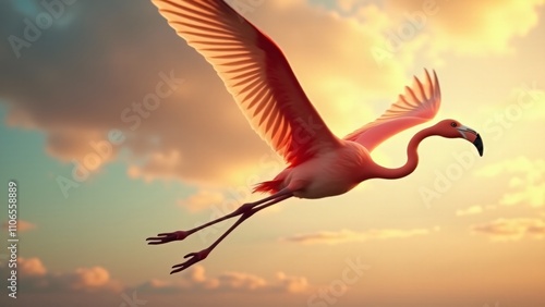 A dramatic image of a flamingo soaring through the sky, with its wings spread wide, emphasizing its graceful flight and natural beauty. photo