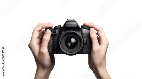 A person is holding a camera with a black lens. The person is holding the camera with both hands, and the camera is positioned in front of their face