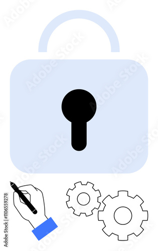 Padlock with keyhole symbolizes security. Hand with stylus and gears represent customization, technology, collaboration, development, protection, innovation, and efficiency. Line metaphor