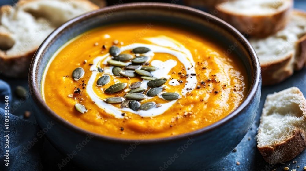 A bowl of creamy pumpkin soup garnished with toasted pumpkin seeds and a drizzle of olive oil, Pumpkin soup bowl centered, Soft diffused lighting accentuating its rich color A bowl of creamy pumpkin soup garnished with toasted pumpkin seeds and a drizzle of olive oil, Pumpkin soup bowl centered, Soft diffused lighting accentuating its rich color