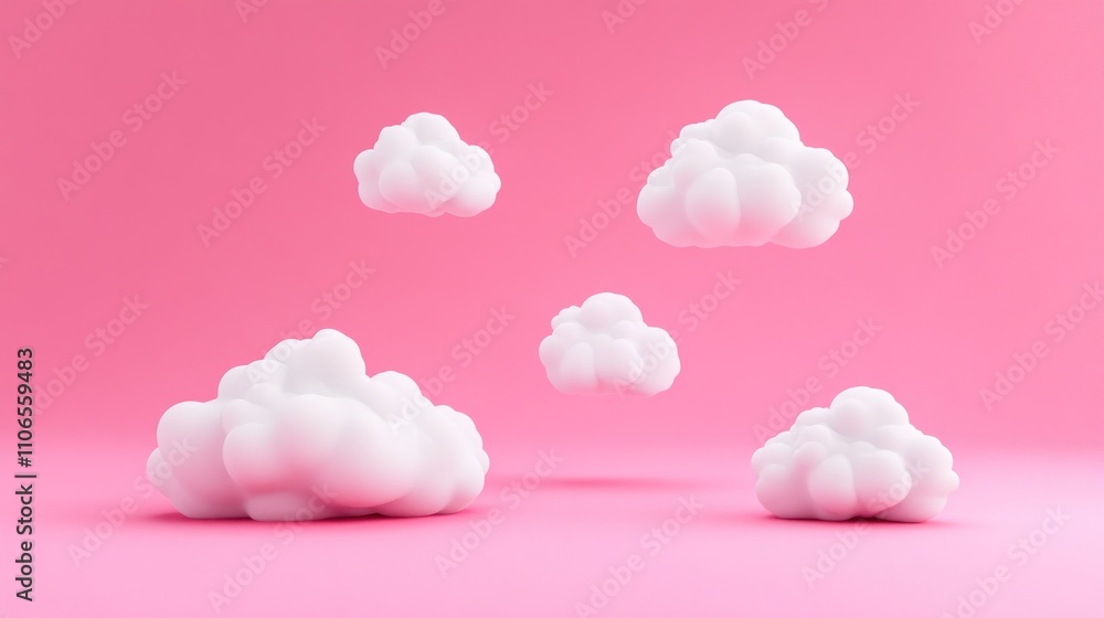 A pink background with four white clouds. The clouds are floating in the air. The clouds are not touching each other A pink background with four white clouds. The clouds are floating in the air. The clouds are not touching each other