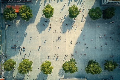 Aerial view of a vibrant city square bustling with activity and greenery during daylight