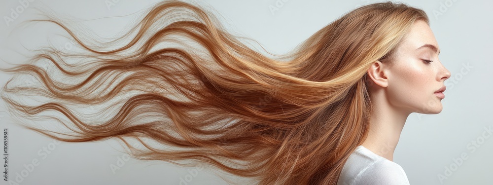 A woman with long brown hair is shown with her head tilted to the side