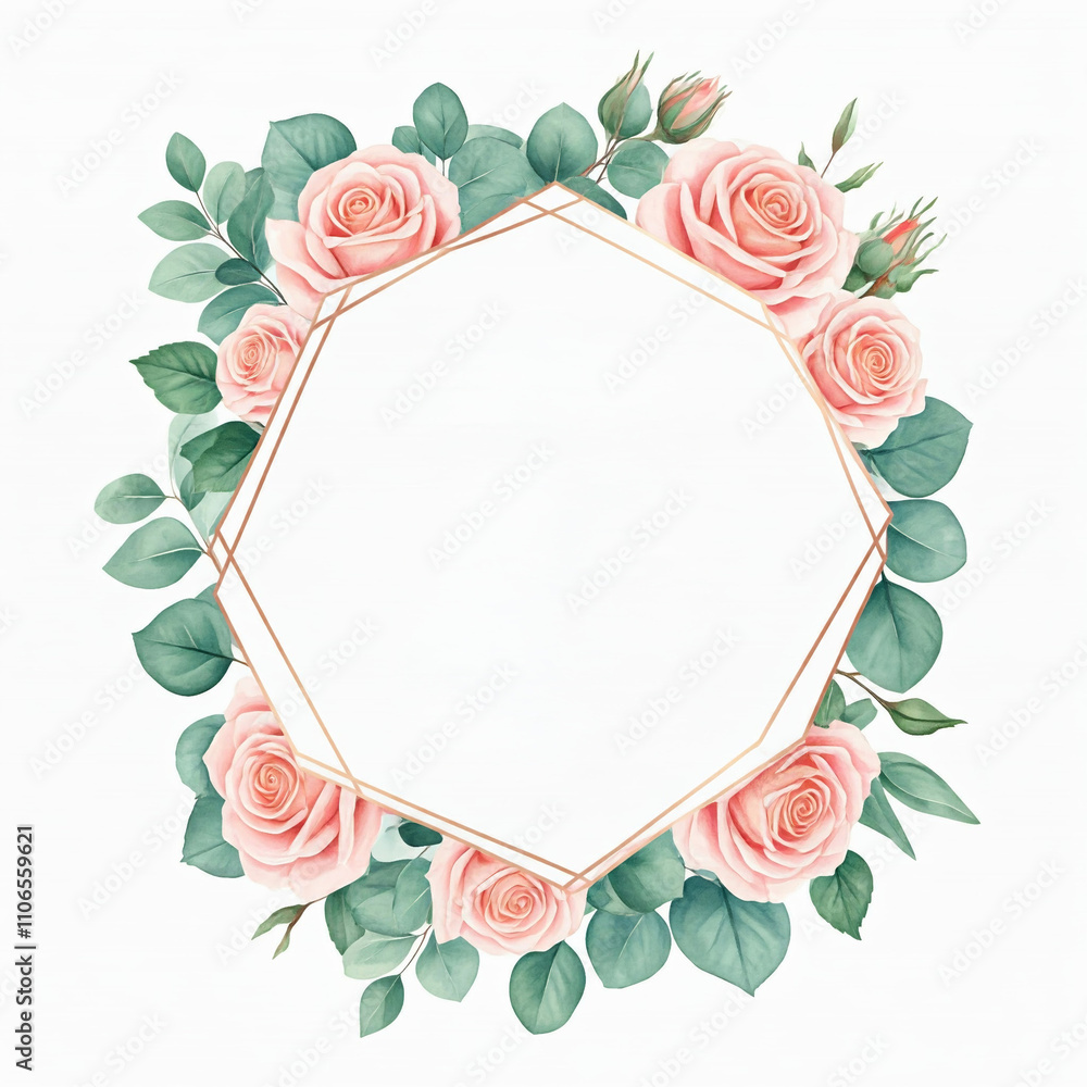 Watercolor flower frame Rose Eucalyptus. Template wedding invitation card. Rose metallic frame	