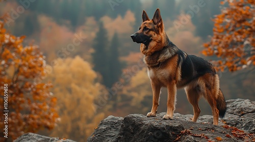 Majestic German Shepherd standing tall and proud on a rocky hill overlooking a serene and tranquil forest landscape in the distance  The dog s noble presence commands attention photo