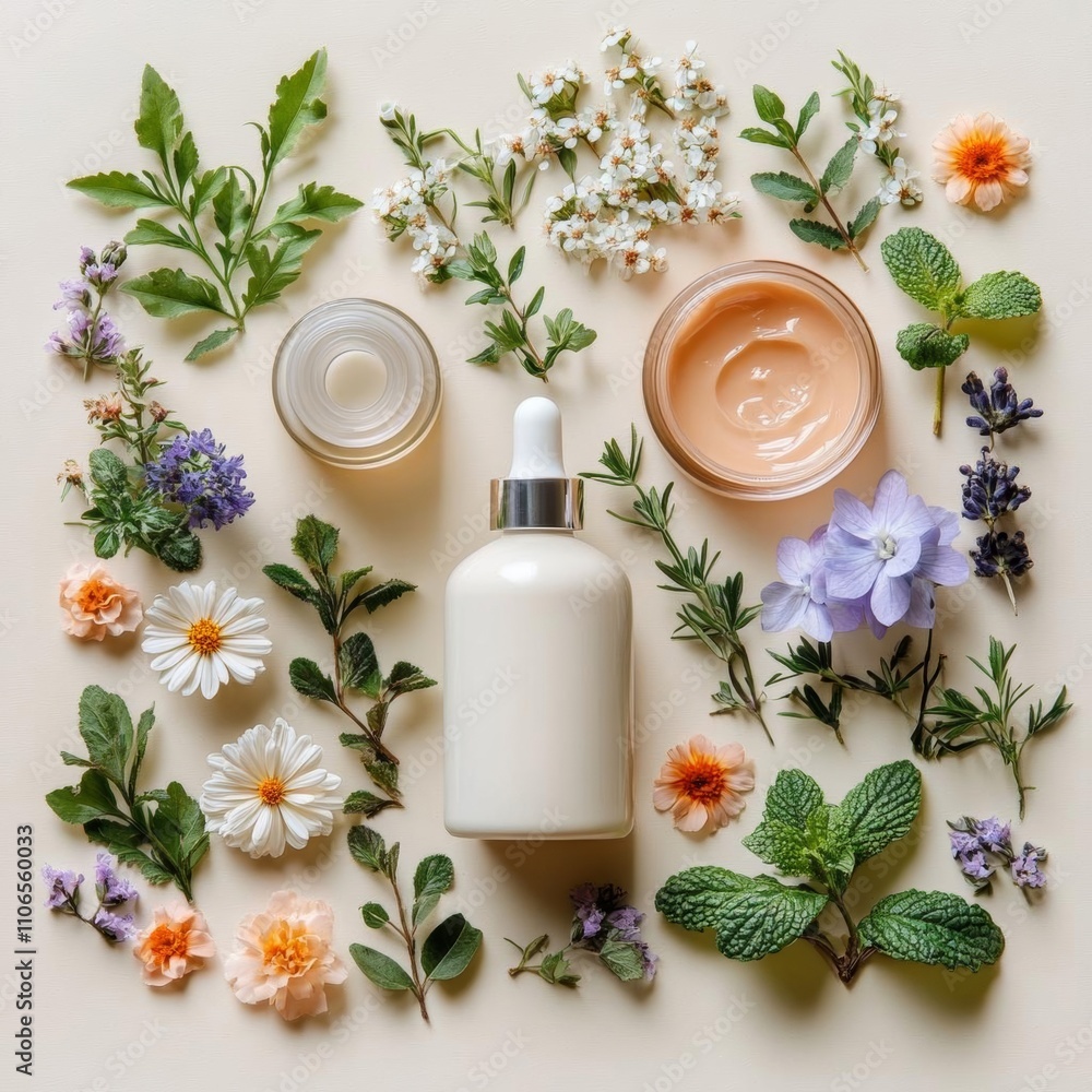 photostock of Minimal composition with cosmetic skin care products and flowers on pastel beige background. Flat lay. , isolated on white background photostock of Minimal composition with cosmetic skin care products and flowers on pastel beige background. Flat lay. , isolated on white background