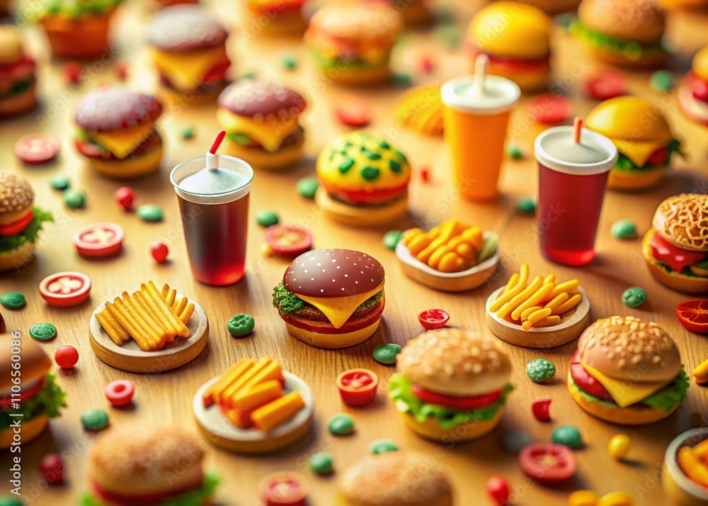 A Whimsical Tilt-Shift Illustration of a Colorful Fast Food Pattern Featuring Burgers, Fries, Pizza, and Soft Drinks in a Playful Drawing Style for Culinary Enthusiasts A Whimsical Tilt-Shift Illustration of a Colorful Fast Food Pattern Featuring Burgers, Fries, Pizza, and Soft Drinks in a Playful Drawing Style for Culinary Enthusiasts