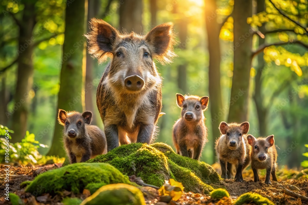 Fototapeta premium A Wild Boar Mother with Her Adorable Piglets in a Serene Forest Setting, Capturing the Beauty of Nature and Wildlife in Stunning Detail and Vibrant Colors