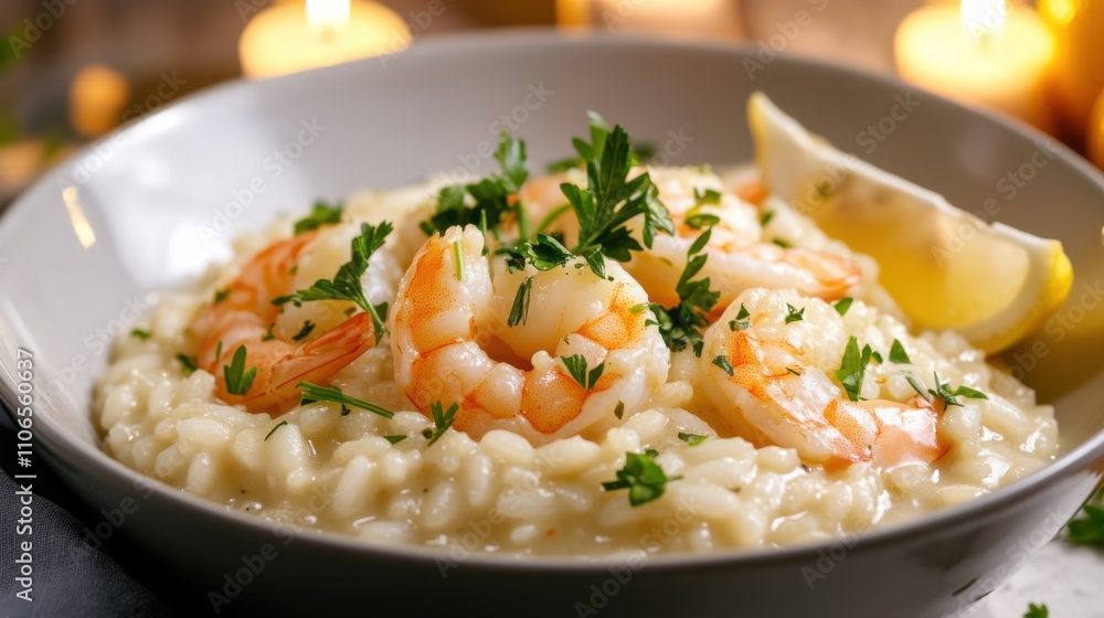 A bowl of creamy risotto infused with saffron, topped with plump shrimp and garnished with chopped parsley, Risotto bowl centered A bowl of creamy risotto infused with saffron, topped with plump shrimp and garnished with chopped parsley, Risotto bowl centered