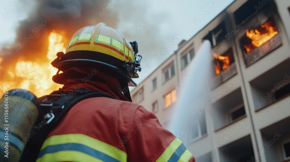 Fototapeta premium Firefighter spraying water onto burning building, smoke rising dramatically. scene captures urgency and bravery of emergency response efforts