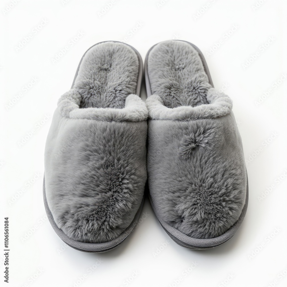 Cute grey furry indoor slippers isolated on a white background Cute grey furry indoor slippers isolated on a white background