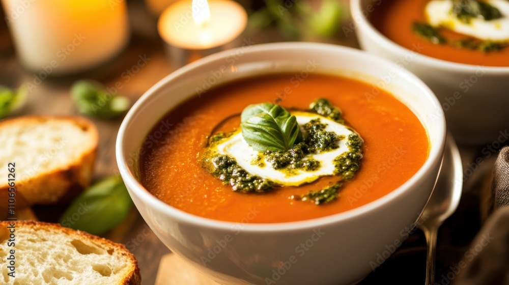 A bowl of creamy tomato basil soup garnished with a dollop of pesto, Soup in bowl, Soft candlelight creating a cozy atmosphere A bowl of creamy tomato basil soup garnished with a dollop of pesto, Soup in bowl, Soft candlelight creating a cozy atmosphere