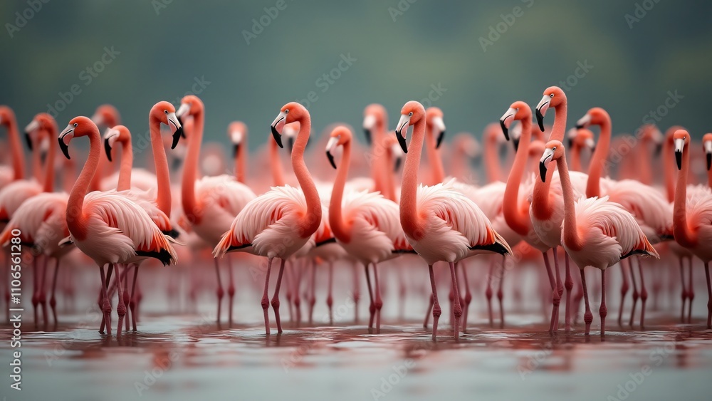 Fototapeta premium A stunning scene of a group of flamingos standing together in a wetland, showcasing their vibrant plumage and graceful formations.