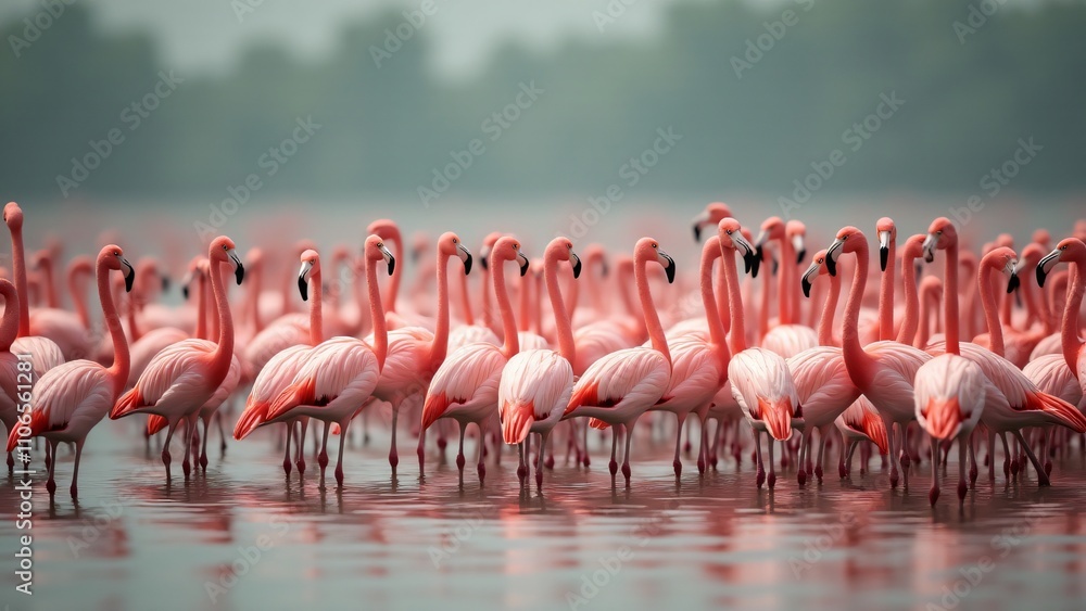 Obraz premium A stunning scene of a group of flamingos standing together in a wetland, showcasing their vibrant plumage and graceful formations.