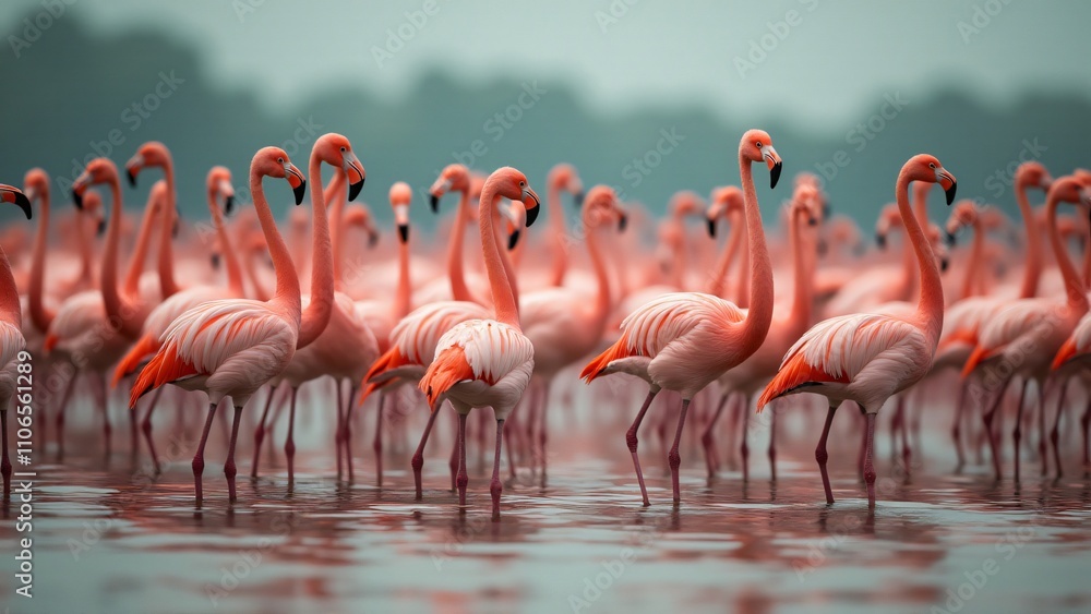 Naklejka premium A stunning scene of a group of flamingos standing together in a wetland, showcasing their vibrant plumage and graceful formations.