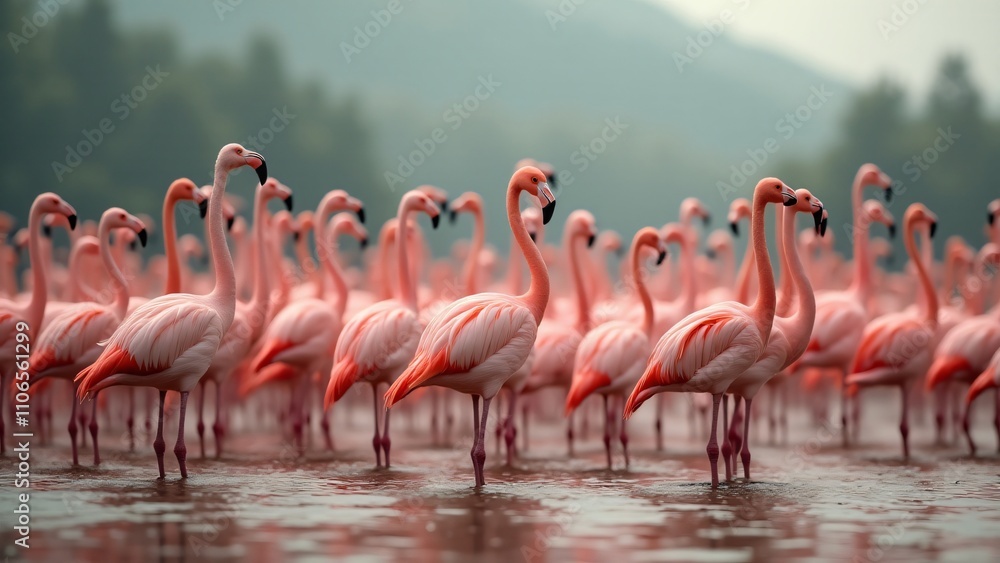 Naklejka premium A stunning scene of a group of flamingos standing together in a wetland, showcasing their vibrant plumage and graceful formations.