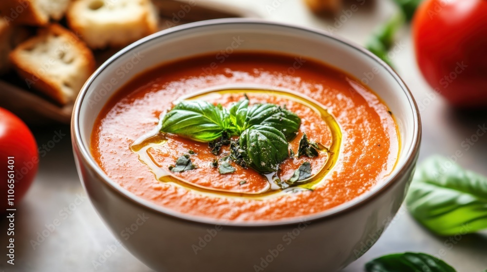 A bowl of creamy tomato basil soup garnished with a drizzle of olive oil and fresh basil leaves, Soup in bowl, Soft candlelight creating a cozy ambiance A bowl of creamy tomato basil soup garnished with a drizzle of olive oil and fresh basil leaves, Soup in bowl, Soft candlelight creating a cozy ambiance