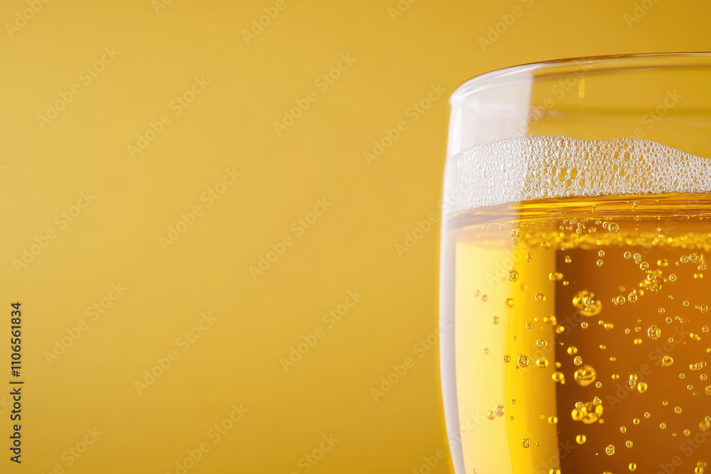 Refreshing drink in glass with bubbles against yellow background. vibrant color and effervescence create lively atmosphere, perfect for celebrations Refreshing drink in glass with bubbles against yellow background. vibrant color and effervescence create lively atmosphere, perfect for celebrations