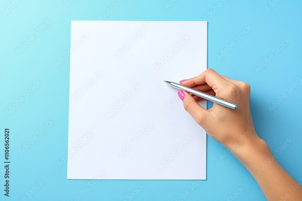Female Hand Writing with Silver Pen on Blank White Paper Over Light Blue Background Female Hand Writing with Silver Pen on Blank White Paper Over Light Blue Background