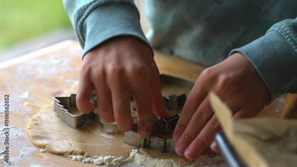 Close-up of boy hands pressing festive gingerbread shapes into the dough. Christmas baking tradition in cozy kitchen. High quality 4k footage Close-up of boy hands pressing festive gingerbread shapes into the dough. Christmas baking tradition in cozy kitchen. High quality 4k footage