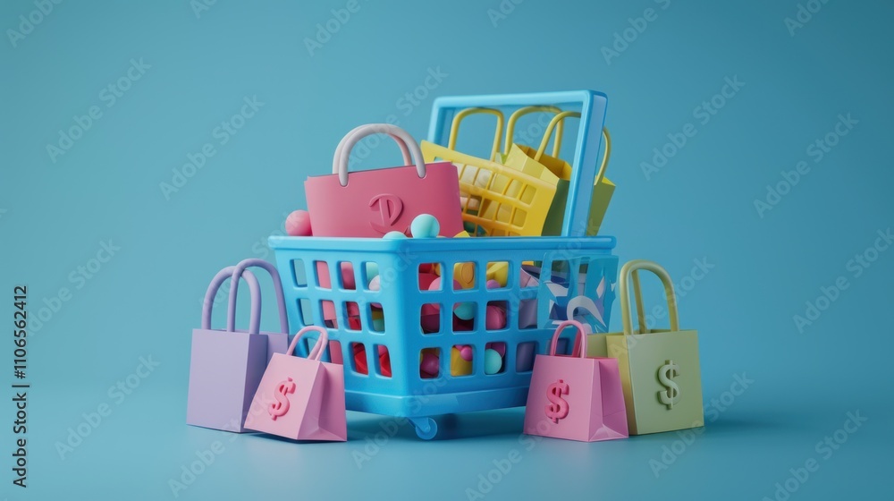 Naklejka premium A colorful shopping basket filled with bags and balls, representing consumerism and shopping.