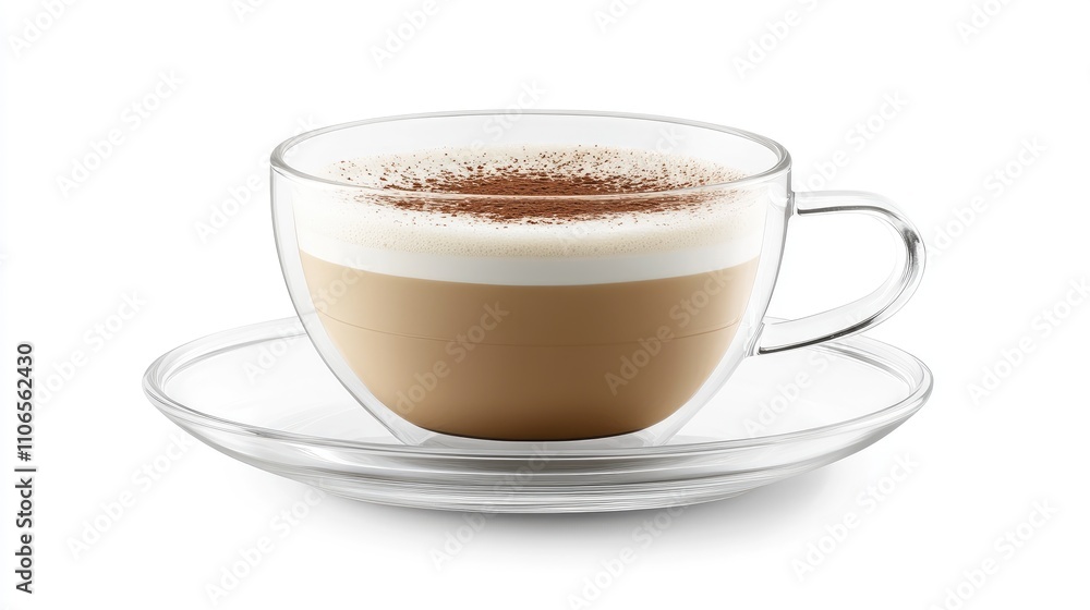 Creamy Latte in Glass Cup with Cocoa Powder on Whipped Milk Foam Creamy Latte in Glass Cup with Cocoa Powder on Whipped Milk Foam