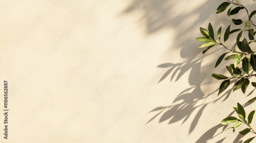 Elegant diagonal shadows of leaves fall softly across a beige wall texture, forming a serene and natural abstract backdrop ideal for creative projects. Elegant diagonal shadows of leaves fall softly across a beige wall texture, forming a serene and natural abstract backdrop ideal for creative projects.
