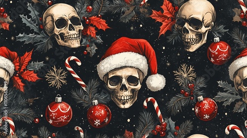 Dark Christmas skulls, holly, and ornaments seamless pattern.