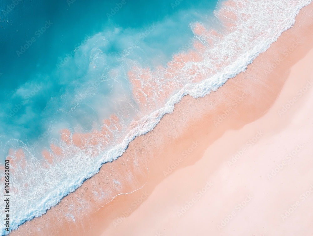 Fototapeta premium a beautiful sandy beach with soft, golden sand stretching along the shore. Gentle blue ocean waves roll in, their edges frothing into delicate white foam as they meet the sand