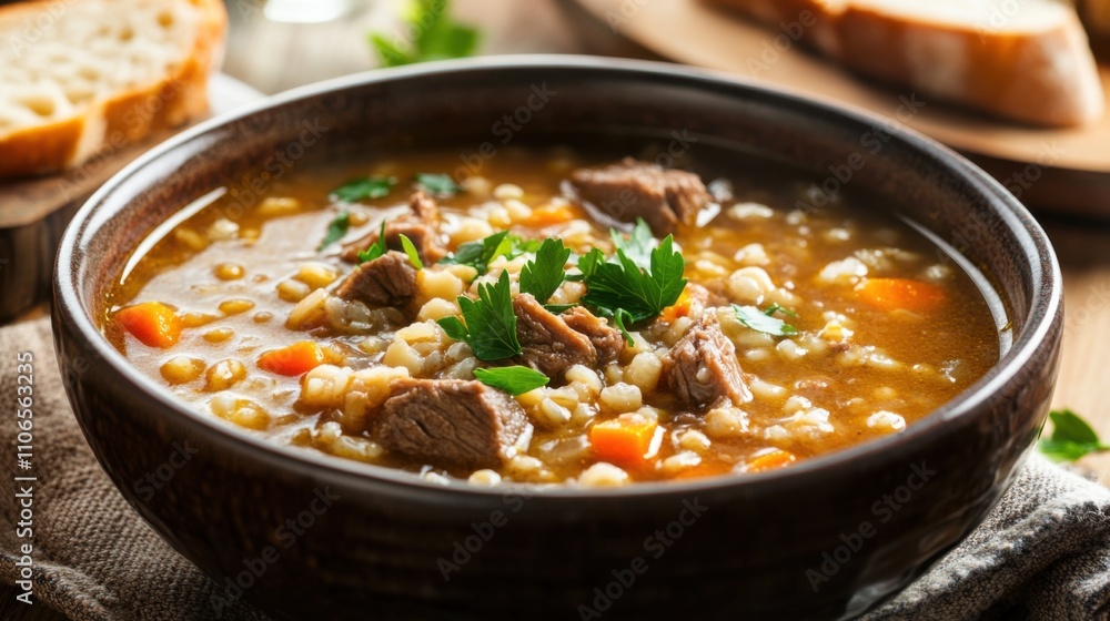 A bowl of hearty beef and barley soup garnished with chopped parsley, Beef and barley soup bowl centered, Soft ambient lighting creating a comforting atmosphere A bowl of hearty beef and barley soup garnished with chopped parsley, Beef and barley soup bowl centered, Soft ambient lighting creating a comforting atmosphere