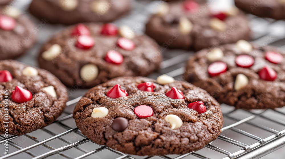 Cookies red chocolate candy chips on a cooling rack Cookies red chocolate candy chips on a cooling rack