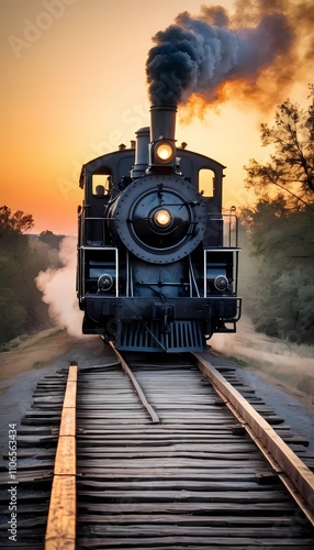 Historic steam locomotive travels along a wooden trestle at sunset amidst a serene landscape filled with nature's beauty. Generative AI