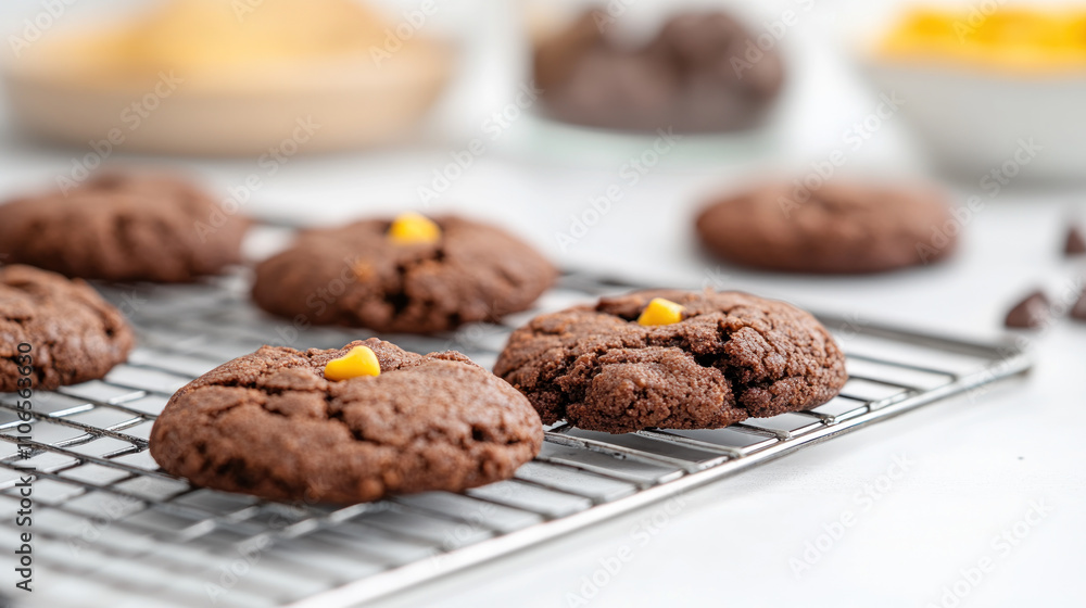 Cookies yellow chocolate candy chips on a cooling rack Cookies yellow chocolate candy chips on a cooling rack