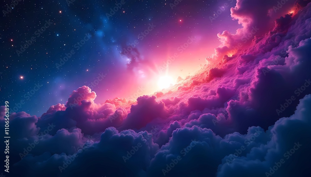 Vibrant cosmic dawn illuminates ethereal clouds in a celestial landscape of mesmerizing colors and starry skies. Generative AI Vibrant cosmic dawn illuminates ethereal clouds in a celestial landscape of mesmerizing colors and starry skies. Generative AI