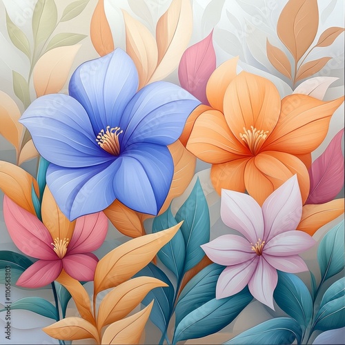 Wallpaper Mural Colorful Floral Illustration with Blue Accents Torontodigital.ca