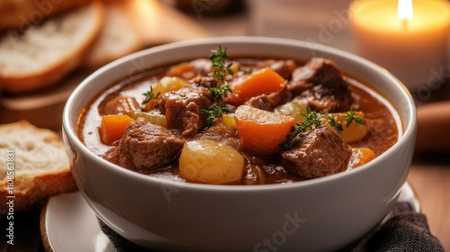 A bowl of hearty beef stew filled with tender chunks of meat and root vegetables, Stew in bowl, Soft candlelight creating a cozy ambiance