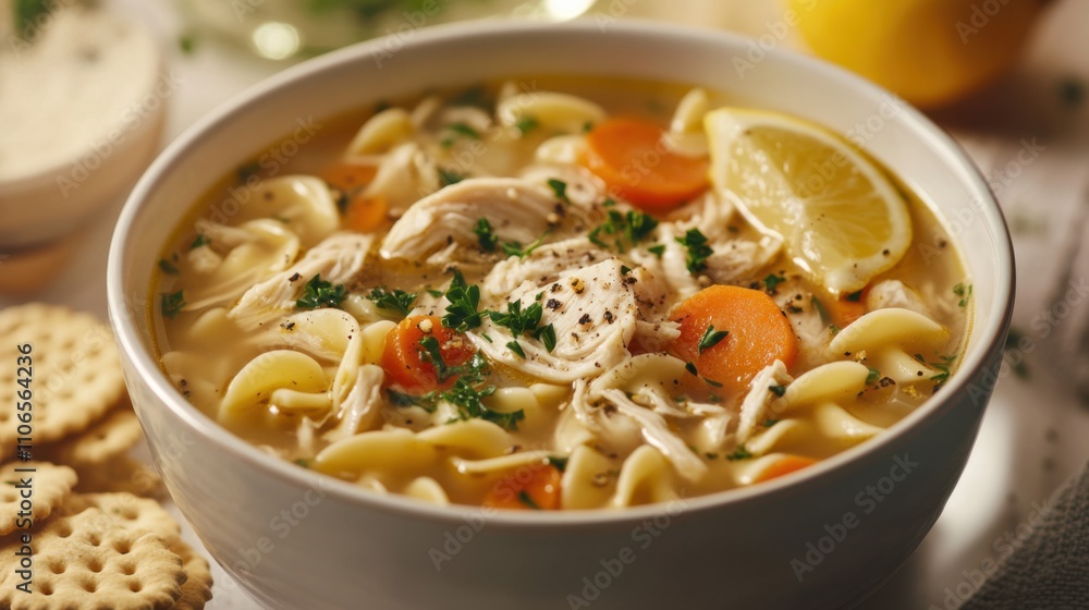 A bowl of hearty chicken noodle soup garnished with chopped parsley and served with oyster crackers, Chicken noodle soup bowl centered, Soft diffused lighting accentuating its comforting warmth A bowl of hearty chicken noodle soup garnished with chopped parsley and served with oyster crackers, Chicken noodle soup bowl centered, Soft diffused lighting accentuating its comforting warmth