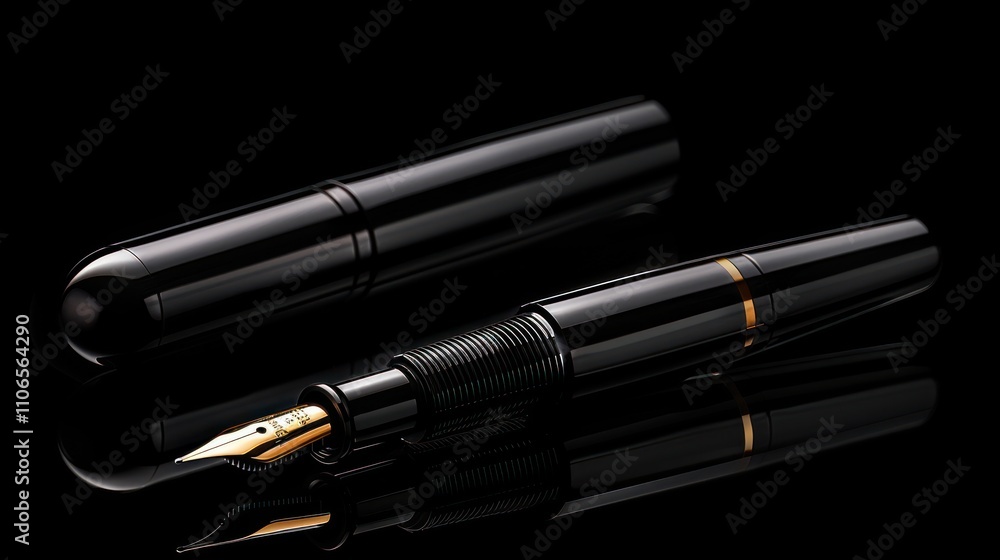 A sleek black fountain pen with a shiny cap, reflecting on a dark surface. A sleek black fountain pen with a shiny cap, reflecting on a dark surface.