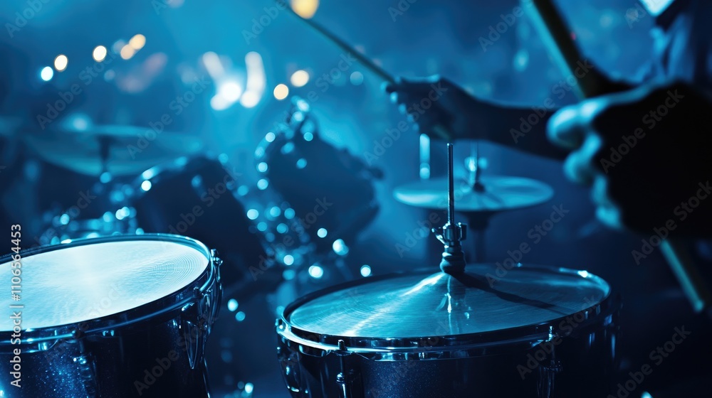 Naklejka premium Dynamic Drummer Performing in Vibrant Blue Stage Lighting