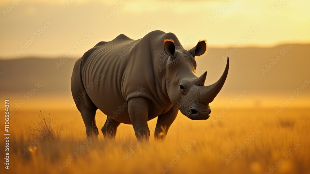 Obraz premium A powerful image of a rhinoceros in the wild savanna, with its massive form standing tall against the vast, golden landscape, highlighting its majestic presence.