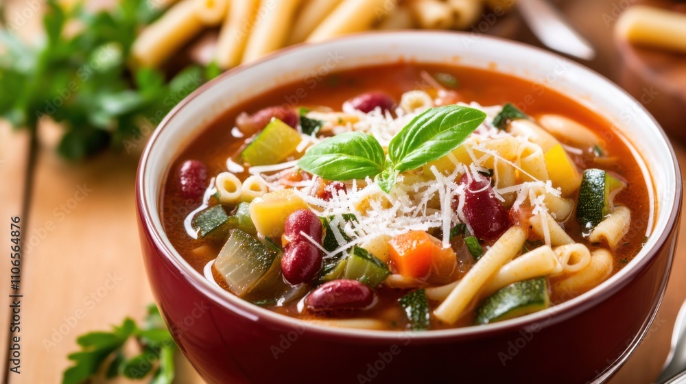 A bowl of hearty minestrone soup filled with vegetables, beans, and pasta A bowl of hearty minestrone soup filled with vegetables, beans, and pasta