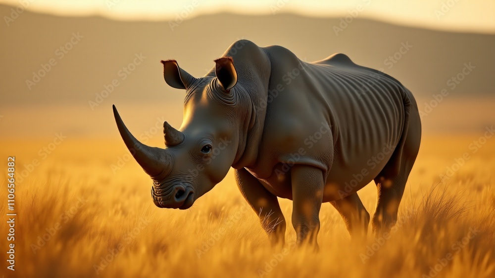 Fototapeta premium A powerful image of a rhinoceros in the wild savanna, with its massive form standing tall against the vast, golden landscape, highlighting its majestic presence.
