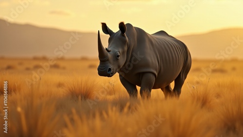 A powerful image of a rhinoceros in the wild savanna, with its massive form standing tall against the vast, golden landscape, highlighting its majestic presence. photo