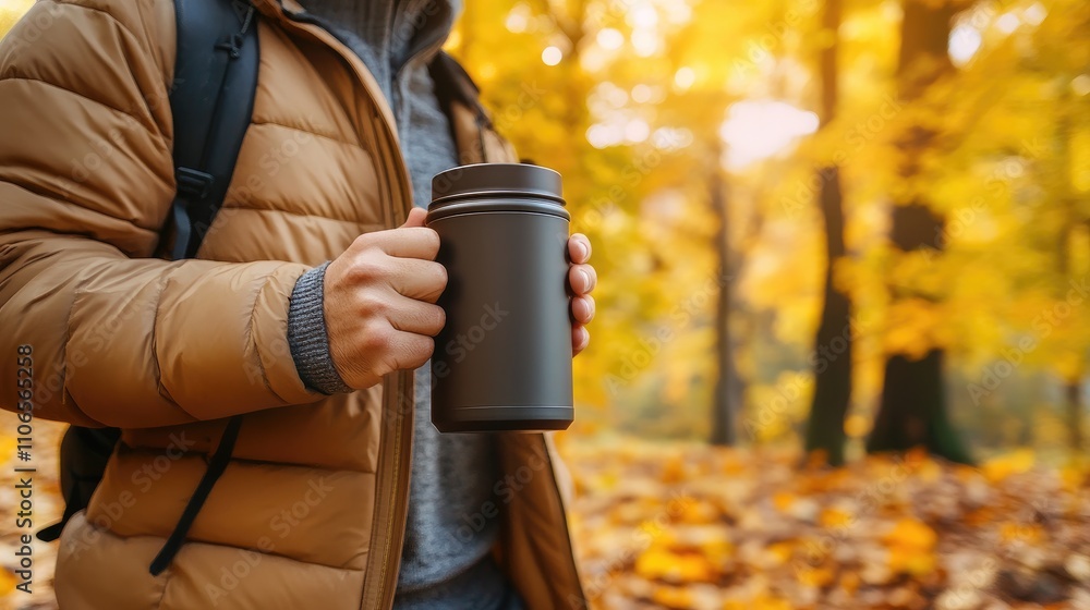 Person Holding Coffee Mug in Autumn Forest with Golden Leaves Person Holding Coffee Mug in Autumn Forest with Golden Leaves