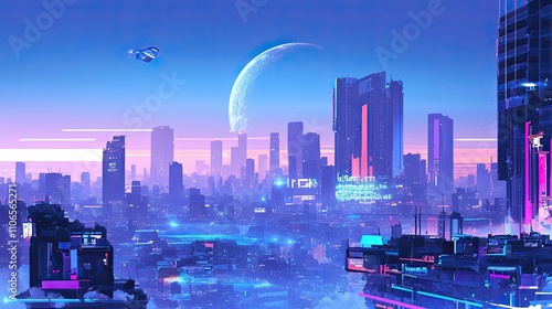 Futuristic Cityscape at Twilight Under a Crescent Moon
