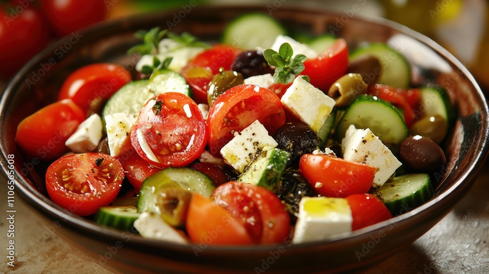 A bowl of refreshing Greek salad with tomatoes, cucumbers, olives A bowl of refreshing Greek salad with tomatoes, cucumbers, olives