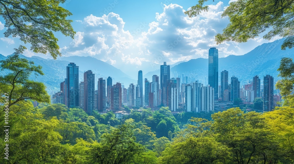 Lush green trees frame a vibrant cityscape nestled in mountains under a sunny sky. Lush green trees frame a vibrant cityscape nestled in mountains under a sunny sky.