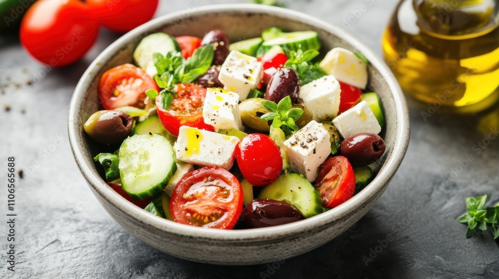 A bowl of refreshing Greek salad with tomatoes, cucumbers, olives A bowl of refreshing Greek salad with tomatoes, cucumbers, olives